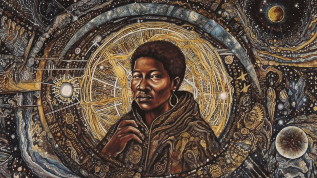 Artwork of a thoughtful individual with an afro, gazing into the distance against a cosmic backdrop of celestial bodies and intricate, golden patterns that evoke a sense of the vast and complex universe. The subject's contemplative expression and the rich, detailed tapestry of stars and galaxies surrounding them suggest a deep connection to broader themes of science fiction and the exploration of existential questions.