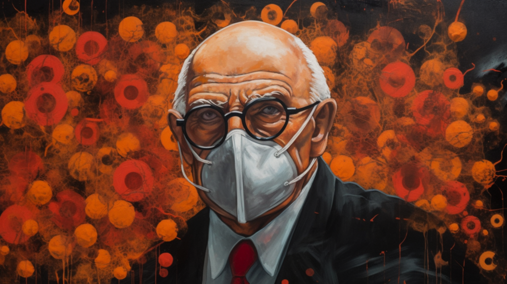 A detailed painting of an elderly man wearing glasses and a protective face mask. His expression is serious and contemplative. The background is abstract, featuring an array of explosive orange and red circular shapes on a dark backdrop, reminiscent of viral particles or cells under a microscope. This striking contrast symbolizes the theme of a pandemic or disease outbreak.