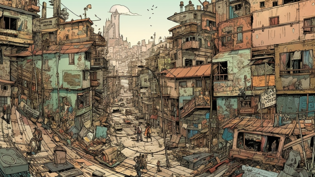 A panoramic illustration of a dense, post-apocalyptic cityscape. Makeshift structures and buildings cobbled together from various materials crowd the scene. Streets are filled with debris, abandoned vehicles, and scattered belongings, while a few people navigate the cluttered pathways on foot. The architecture is chaotic, with buildings stacked upon one another, creating a vertical maze of living spaces. In the background, the silhouette of a more intact city with tall buildings looms under a sky streaked with clouds, suggesting a stark contrast between past civilization and current survival.