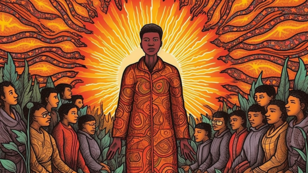 The image depicts a vibrant scene filled with symbolism and evocative imagery. At the center stands a figure cloaked in an ornate garment, radiating a powerful aura that resembles a sunburst. This central figure is encircled by a group of people, suggesting a sense of community, guidance, or leadership. The backdrop features a landscape that is both natural and stylized, with fiery elements that may represent a force of nature or a transformative energy. The use of warm colors and the positioning of the characters create a narrative that suggests unity, reverence, and a collective journey or mission. The artwork carries a profound sense of hope and resilience amidst challenging circumstances.