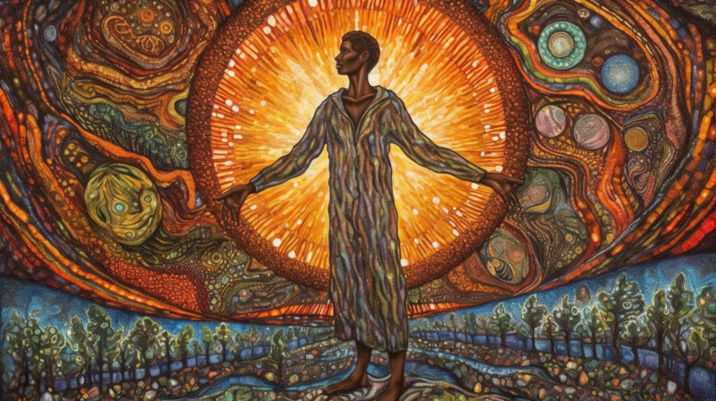 This artwork is a vibrant depiction of empowerment and cosmic connectivity. It features a central figure radiating confidence and peace, standing with open arms against a backdrop that seems to blur the lines between the celestial and the terrestrial. The sun behind the figure could symbolize enlightenment or awakening, while the planets and stars might represent a vast network of possibilities and the interconnected nature of existence. The lush landscape below hints at growth and life, suggesting that this character’s empowerment stems from a deep harmony with both the universe and the living world. The overall image resonates with themes of unity, the power of self-awareness, and the human capacity to thrive in alignment with the cosmos.