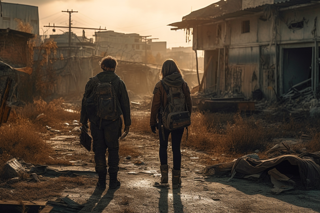 Two people with backpacks walk away towards the horizon in a ravaged urban landscape, with the ruins of buildings and abandoned debris surrounding them. The golden light of the setting or rising sun casts long shadows, adding a sense of solemnity and survival to the scene.