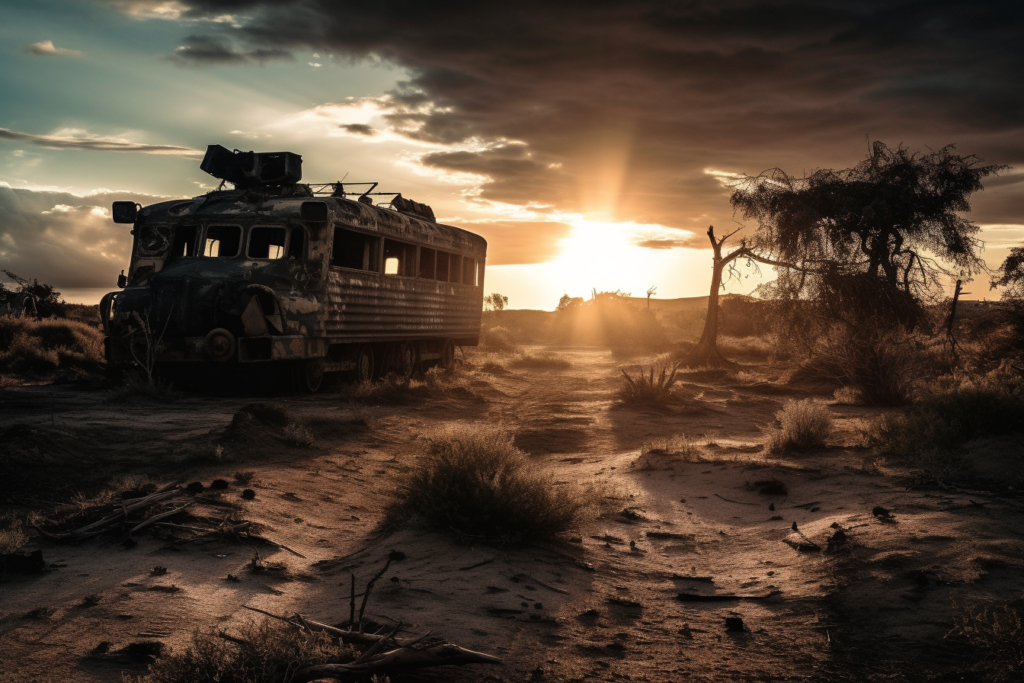 An abandoned bus with assorted gear strapped to the top sits forlornly in a desolate, sandy landscape, with the setting sun casting a warm glow over the scene, evoking a sense of solitude and the stark reality of a post-apocalyptic world.
