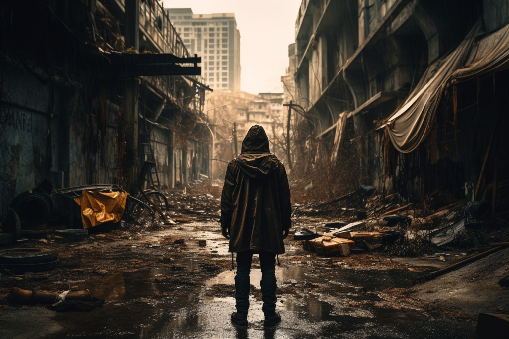 A lone figure in a hooded cloak stands at the center of a desolate urban street, surrounded by the ruins of buildings and abandoned debris, conveying a sense of isolation in a post-apocalyptic world.