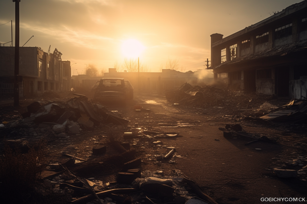 A desolate post-apocalyptic scene at dusk with the sun setting in a hazy sky, casting a golden glow over a ruined cityscape. The focus is a devastated street with rubble, debris, and an abandoned, damaged vehicle. Derelict buildings line the road, their windows shattered and structures crumbling. The scene conveys a powerful sense of abandonment and the aftermath of a catastrophic event, with the sunset suggesting the end of a day but also metaphorically the hope of a new beginning amid the destruction.