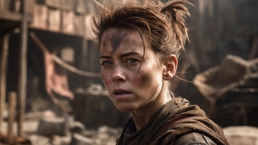 The image shows a close-up of a young woman with a determined expression. Her face is smudged with dirt and soot, and her hair is pulled back messily, with strands falling loosely around her face. She has a focused gaze that conveys intensity and resilience. The background is blurred but appears to be a desolate, post-apocalyptic setting with dilapidated structures. Her attire seems rugged and practical, suggesting a narrative of survival. The overall mood is gritty and somber, highlighting the themes of endurance and the harsh reality of her environment.