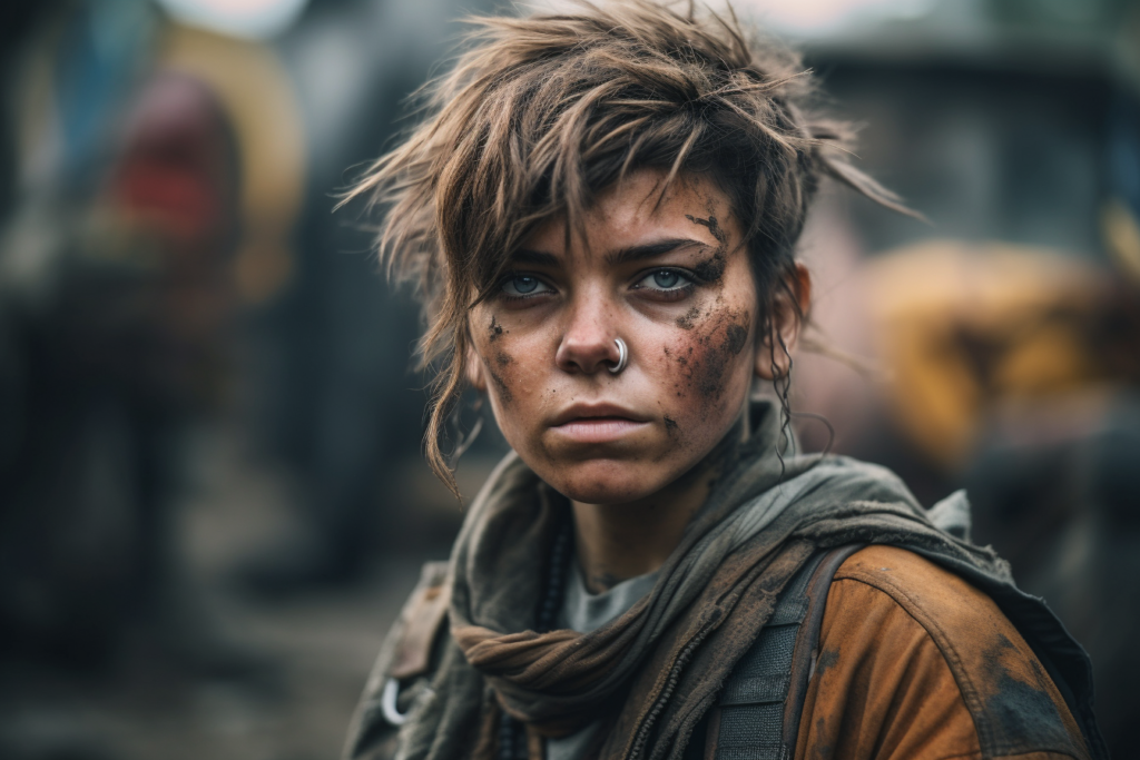 A young woman with a piercing gaze, her face and disheveled hair streaked with dirt, standing in a blurred post-apocalyptic environment, exuding resilience and determination.
