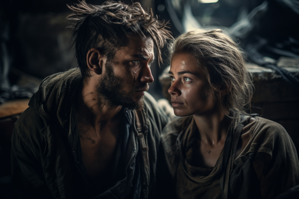 A man and woman with solemn expressions, faces close together, in a post-apocalyptic setting. Both are dirty and weary-looking, with focused gazes that suggest a deep bond and shared determination in the face of adversity.