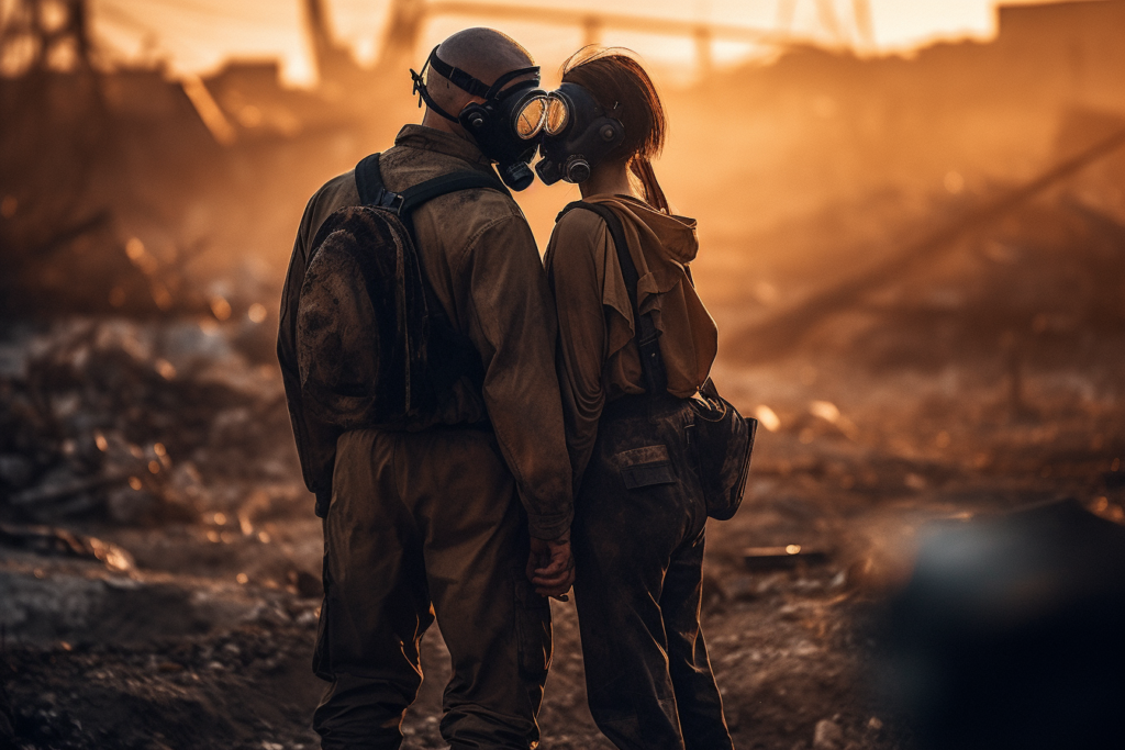 A man and a woman in a post-apocalyptic setting, both wearing gas masks and rugged clothing, standing close and holding hands amidst the ruins, with a warm glow of sunset illuminating the desolate landscape.
