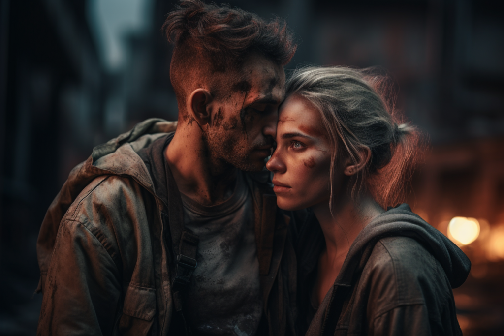 A close-up of a man and woman with dirt-streaked faces, foreheads touching in a moment of intimacy amidst a blurred post-apocalyptic backdrop, suggesting a narrative of romance and survival.