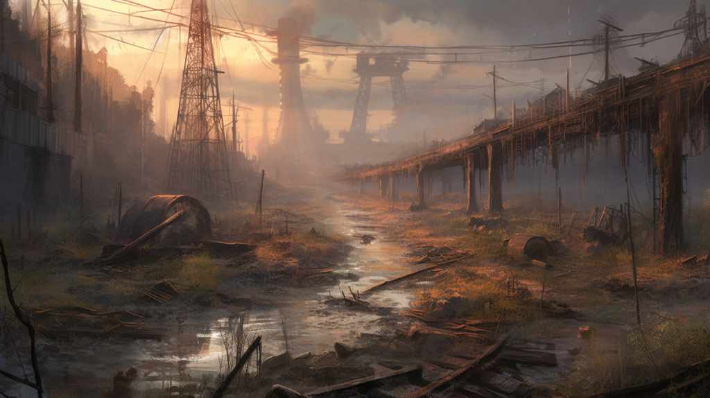 The image depicts a somber post-apocalyptic scene with a focus on survival amidst the remnants of a once thriving industrial society. A murky stream meanders through the center, reflecting the hazy light of a sun struggling to penetrate the polluted atmosphere. The silhouettes of decayed infrastructure, including crumbling overpasses and derelict cooling towers, loom in the background, partially obscured by mist. The landscape is strewn with debris, abandoned vehicles, and overgrown vegetation, indicating the passage of time and nature's reclamation of the land. Electrical poles stand askew, their wires dangling uselessly, signifying the collapse of modern conveniences. The overall tone of the image is one of quiet desolation and the resilience of nature amidst human civilization's fall.
