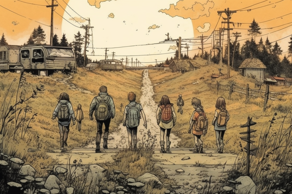 Illustration from 'Sweet Tooth' by Jeff Lemire depicting a group of children with backpacks walking along a rural path in a post-apocalyptic setting. The landscape shows overgrown fields, a dilapidated trailer, and wooden houses with a backdrop of power lines and a cloudy sky. The color scheme consists of warm sepia tones, suggesting a blend of hopefulness and desolation in the scene.