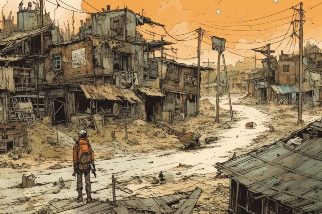 Illustration from 'Sweet Tooth' by Jeff Lemire, featuring a solitary figure in an orange jacket standing at the edge of a desolate, ruinous town. Crumbling buildings, detritus, and abandoned possessions litter the scene, evoking a sense of abandonment. Overhead, the sky is a washed-out yellow, suggesting a dust-filled atmosphere. The figure's attention is directed towards the ruins, implying a search or a moment of reflection in the aftermath of a catastrophe.