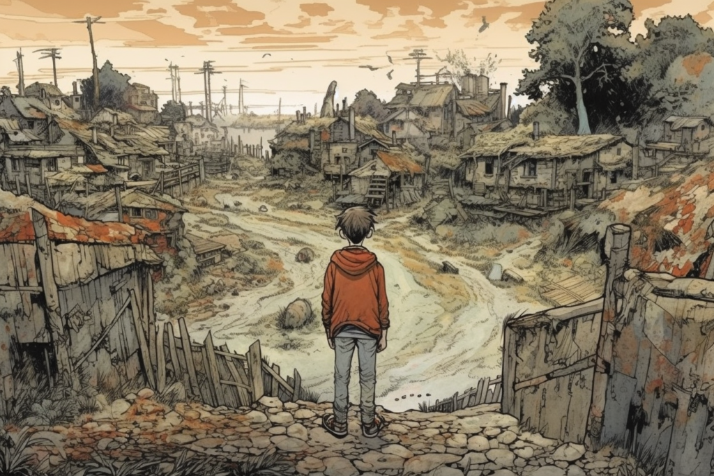 Illustration from 'Sweet Tooth' by Jeff Lemire, depicting a post-apocalyptic world. A young boy with dark hair and a bright red hoodie stands at the edge of a dilapidated settlement. Behind him are the remnants of a town with crumbling structures, overgrown with vegetation, under a vast, hazy sky. Desolation is evident in the abandoned and decaying buildings, and the atmosphere is one of serene desolation, as nature begins to reclaim the land.