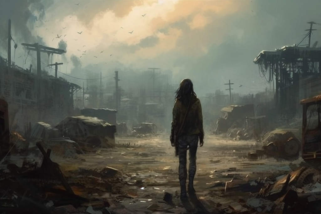 A solitary figure stands in the foreground of a desolate post-apocalyptic landscape. The person, with their back to the viewer, gazes out at a scene of urban decay under a heavy, cloud-filled sky. Derelict buildings and fallen infrastructure line the street, which is littered with debris and abandoned vehicles. A flock of birds takes flight in the distant sky, adding a dynamic element to the otherwise still and somber environment, suggesting a world where humanity has dwindled, and nature begins to reclaim the ruins.
