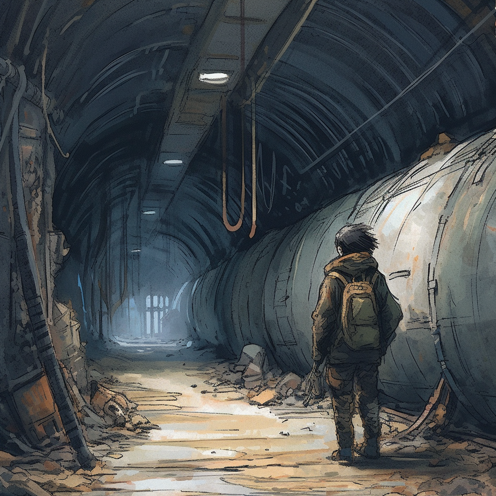 A lone explorer with a backpack stands at the entrance of a large, abandoned industrial tunnel. The tunnel's curved structure suggests it's part of an underground facility. It is dimly lit by occasional overhead lights, some of which are broken, hanging down, creating a moody and ominous atmosphere. Debris and rubble litter the ground, and the walls are stained and deteriorated, indicating long-term neglect. In the distance, a faint light suggests an exit or continuation of the tunnel. The explorer's posture is contemplative, suggesting a moment of decision or discovery within this post-apocalyptic setting.