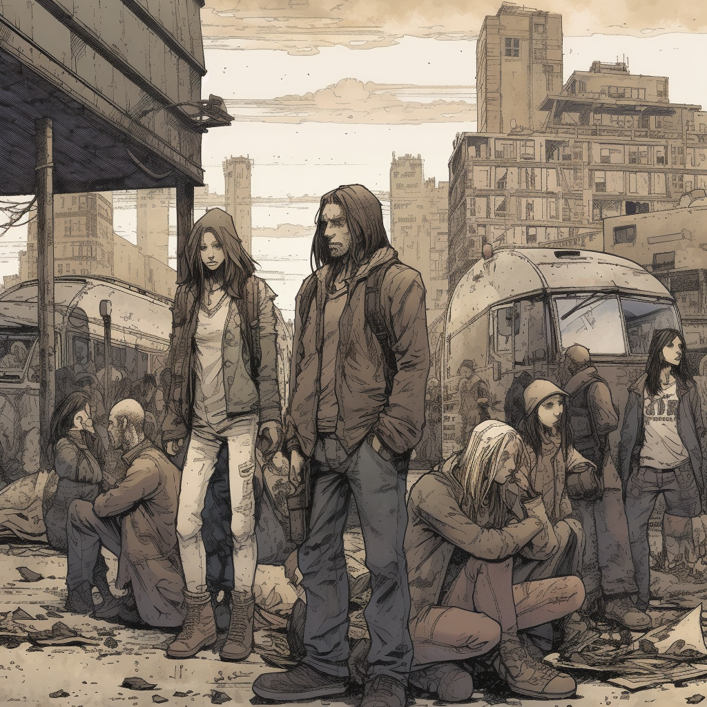 A graphic illustration from 'Y: The Last Man' by Brian K. Vaughan depicting a post-apocalyptic urban environment. Two central figures, a man and a woman, stand prominently in the foreground, surrounded by a crowd of desolate survivors. The scene is set under an overpass, with crumbling buildings in the background under a cloudy sky. The color palette is muted with sepia tones, highlighting the bleakness of the scenario. The detailed artwork conveys a narrative of survival and resilience amid the ruins of civilization.