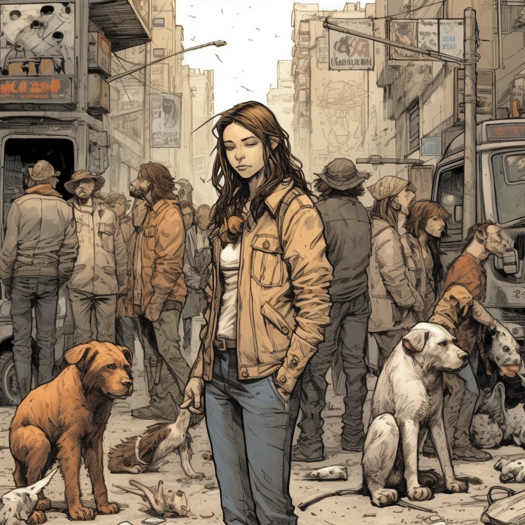 A detailed comic-style illustration showing a woman standing confidently in the foreground on a busy urban street, seemingly post-apocalyptic. She is dressed in a casual jacket and jeans, with a contemplative expression on her face. Around her are various people in winter clothing, suggesting a cold environment, and several attentive dogs, adding to the atmosphere of survival and companionship. The background is filled with the muted tones of a desolate cityscape, enhancing the scene's post-catastrophic feel.