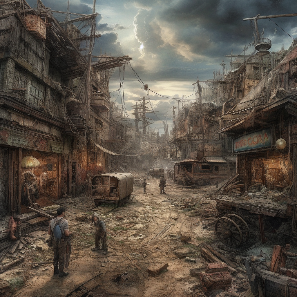 A digital artwork portraying a post-apocalyptic urban scene with medium detail. The setting is a dilapidated street flanked by ramshackle buildings with mismatched architecture, reminiscent of a shanty town. A variety of improvised structures, including vessels resembling ships, and vehicles serve as makeshift homes. The street is strewn with debris, with some individuals engaged in conversation, while others go about their business, suggesting a semblance of daily life amidst the ruins. The sky is overcast, with sunbeams breaking through the clouds, casting a dramatic light on the scene and highlighting the texture and grittiness of the environment.
