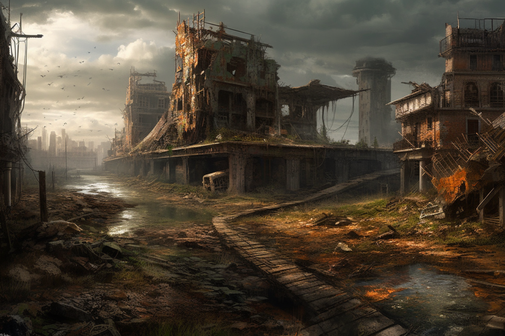 The image depicts a post-apocalyptic scene with a desolate landscape. Buildings are in ruins and overgrown with vegetation, suggesting abandonment and decay over a long period. A river or stream cuts through the middle, with a makeshift bridge crossing it. The skyline in the distance shows more structures, some still standing but most are dilapidated. The atmosphere is eerie, with a sense of profound silence and solitude. Birds fly in the gloomy sky, which is clouded yet pierced by rays of light, perhaps symbolizing a glimmer of hope in the grim setting. The scene is evocative of the aftermath of a catastrophe, with humanity's footprint fading from the world.