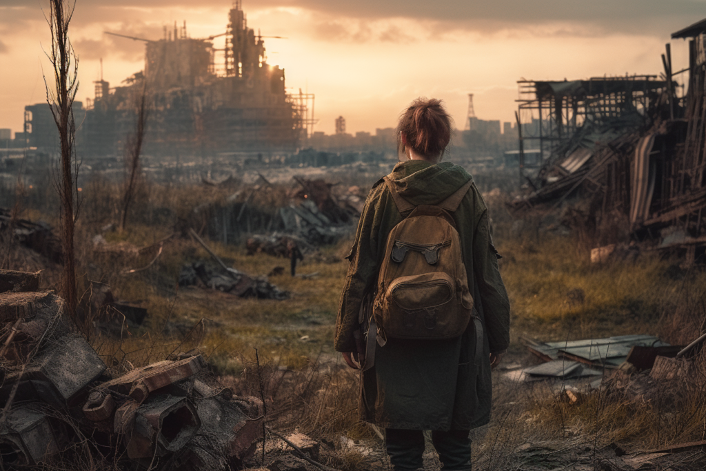 Poignant scene from a post-apocalyptic world, where a lone individual stands amidst the wreckage of a once thriving civilization. The character is gazing towards a large, complex structure in the distance, which is silhouetted against a sky streaked with the warm hues of sunset or sunrise. The landscape is littered with debris and the remnants of industrial and residential buildings, suggesting widespread destruction.

The character's attire, a long coat and backpack, implies a journey or quest for survival, understanding, or perhaps a new beginning. The image evokes feelings of isolation and resilience, as well as a contemplation of the vastness of the challenges that lay ahead. The atmosphere is both melancholic and hopeful, capturing the essence of human perseverance in the face of desolation.