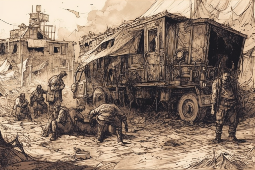Sepia-toned illustration from 'Wasteland' by Antony Johnston depicting a rugged post-cataclysmic scene. Several figures, appearing weary and worn, work amidst the ruins. A dilapidated structure looms in the background, while the foreground is dominated by a battered vehicle serving as a makeshift shelter. The artwork is rich in detail, conveying a sense of survival and desolation.