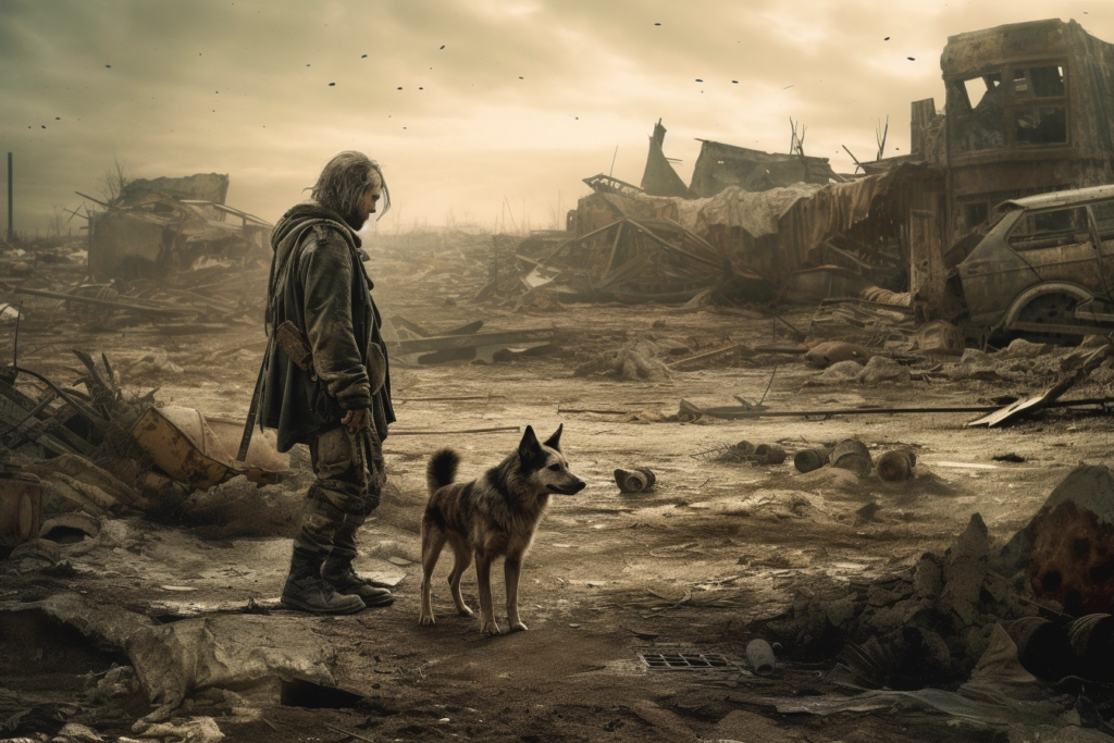 Artwork from 'Wasteland' by Antony Johnston depicting a post-cataclysmic scene. A child stands in a desolate wasteland, gazing at the destruction surrounding them. A faithful dog stands by their side, looking in the same direction. The sky is hazy, obscured by dust and debris. The landscape is littered with ruins, derelict vehicles, and remnants of a collapsed civilization. The atmosphere is somber, reflecting the harsh survival conditions in a world reclaimed by nature and decay.
