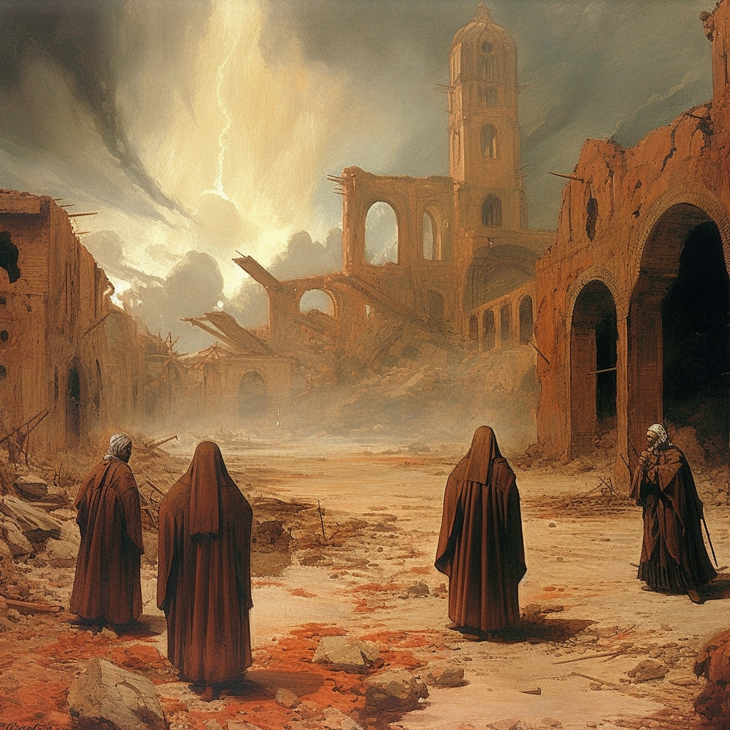 A classical painting depicts three robed figures standing amidst the ruins of a once grand and now decimated religious building, possibly a cathedral, under a dramatic sky with a shaft of light breaking through the clouds. The architecture is in a state of decay, with collapsed walls and debris scattered across the ground, evoking a sense of desolation and the passage of time. The robed figures appear contemplative, possibly monks or pilgrims, witnessing the remnants of a bygone era, which suggests a narrative of history, downfall, and the search for hope or enlightenment amidst destruction.