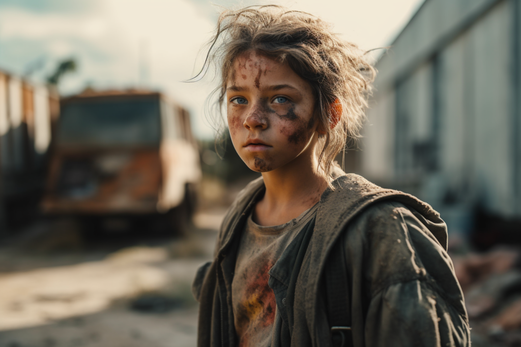 A young girl with dirt-smeared face and untidy hair looks directly at the camera with a gaze that conveys resilience and determination. She is wearing a soiled, oversized jacket suggesting survival in a harsh environment. In the blurred background, there's a desolate landscape with abandoned vehicles, reinforcing the impression of a post-apocalyptic world. The girl's expression and the setting evoke a narrative of struggle and endurance.