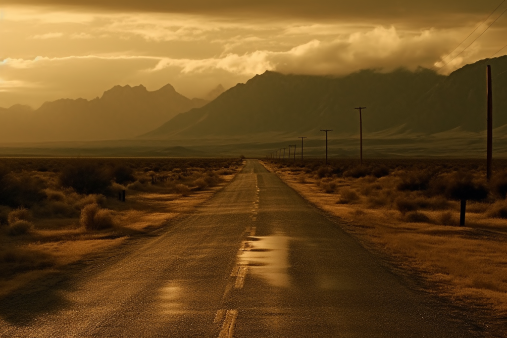 The image depicts a desolate and atmospheric scene reminiscent of the settings often found in post-apocalyptic narratives, such as Cormac McCarthy's "The Road". It features a long, straight road stretching into the distance, bordered by telephone poles and overlooked by a range of mountains veiled in mist. The sky is overcast, with clouds breaking to allow a warm, diffused light to bathe the landscape in a sepia tone. The emptiness of the scene and the absence of visible life forms convey a sense of solitude and the profound silence of a world after a cataclysm. The road itself may symbolize the journey of survival and the psychological exploration of hope and despair, themes central to McCarthy's work.