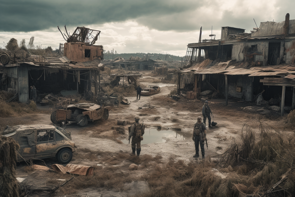 A group of survivors equipped with backpacks and weapons navigate through a desolate shantytown in a post-apocalyptic world. Abandoned and deteriorated vehicles are strewn about, and ramshackle structures are cobbled together from remnants of a collapsed society. The sky is overcast, casting a gloomy light over the scene, which underscores the bleakness and desolation of the environment.