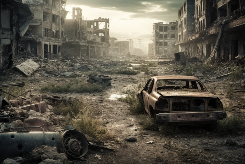 A haunting image of a post-apocalyptic urban street at sunrise. The ruins of once-inhabited buildings line the road, now reduced to rubble and decay. A rusted, abandoned car sits in the foreground amidst debris and overgrown grass. The morning light casts a golden hue over the desolation, suggesting the quiet calm of a world long after a cataclysmic event. This scene captures the stark reality of a civilization that has fallen into silence and disrepair.