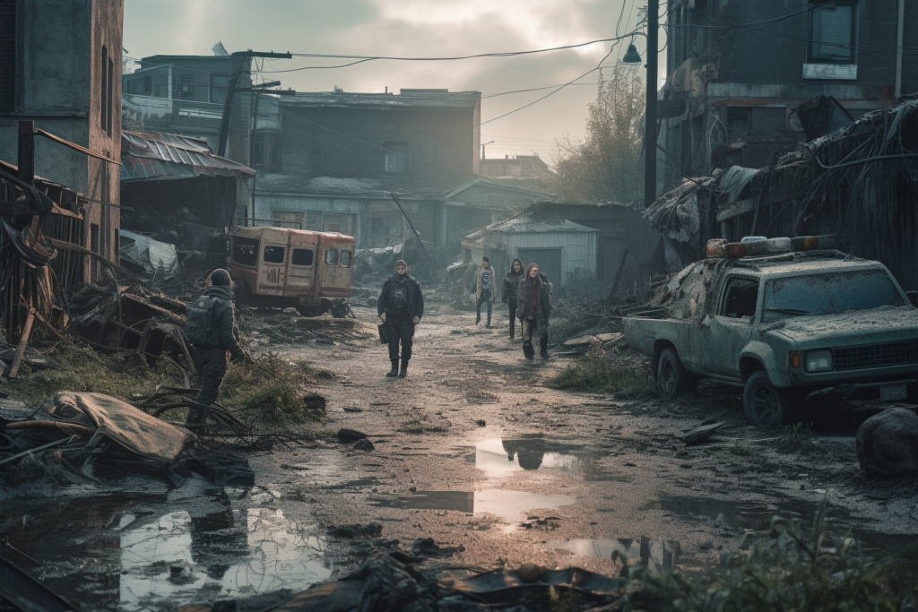 A group of people with backpacks, wearing rugged clothing, walks down a desolate street in a post-apocalyptic setting. Abandoned, dust-covered vehicles, and dilapidated buildings line the road, with overgrown vegetation and debris scattered throughout. The atmosphere is hazy and foreboding, with puddles reflecting the somber surroundings under a grey, overcast sky.