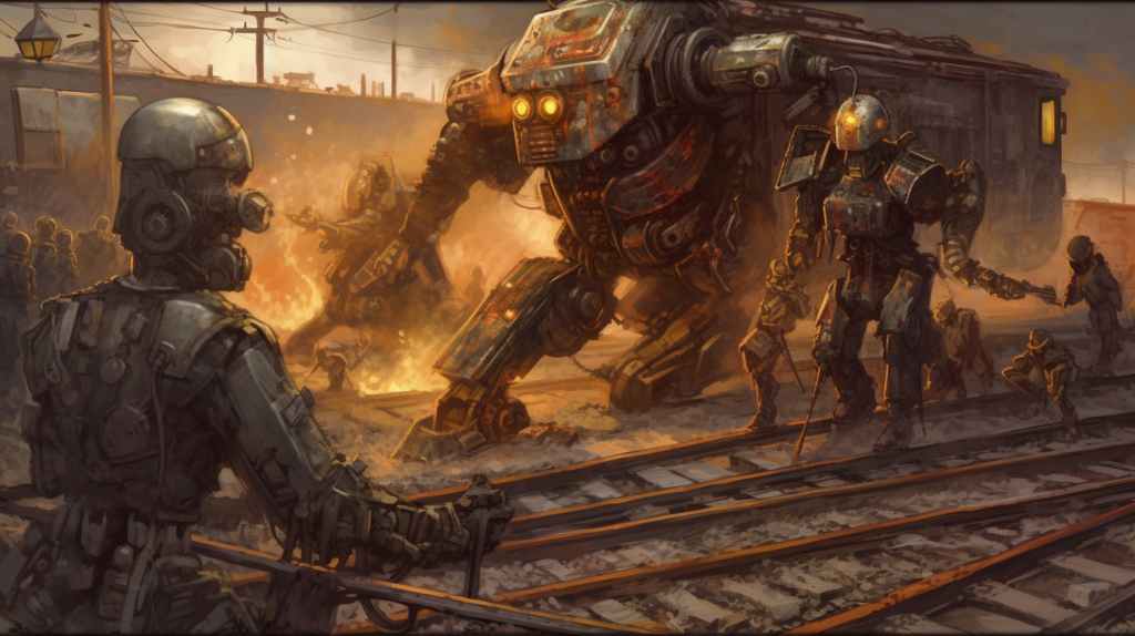 The image depicts a tense and dramatic scene from a futuristic conflict. In the foreground, a soldier in tactical gear with a gas mask overlooks a battlefield. Two large, combat-ready robots, showing signs of wear and rust, dominate the scene with a fiery explosion in the background, suggesting an ongoing battle. Human figures are engaged in various activities around the robots, possibly fighting or controlling them. The atmosphere is one of urgency and danger, set against an industrial backdrop with railway tracks in the foreground.