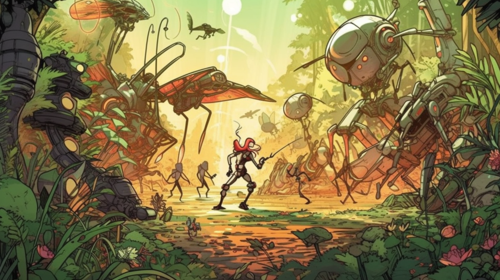 This vibrant illustration showcases a dynamic scene where a character with a red helmet is surrounded by a diverse array of insect-like robots in a lush, verdant jungle. The robots vary in size and form, some resembling dragonflies and mantises, and the scene is alive with activity. This sci-fi tableau seems to depict an interaction, perhaps a confrontation or a harmonious moment, between advanced robotics and nature, with the central figure appearing to navigate this complex ecosystem. The colors are warm and rich, highlighting the interplay of technology and organic life.