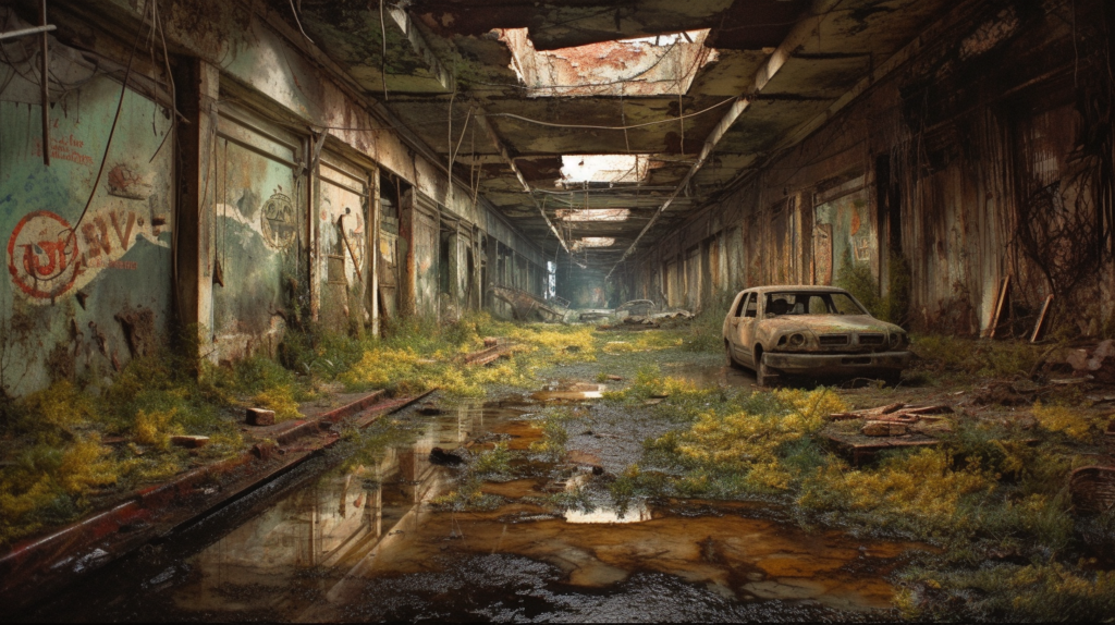 This image portrays a hauntingly beautiful yet desolate scene, likely from a post-apocalyptic setting. A decaying industrial corridor is overgrown with moss and small yellow-flowered plants, suggesting nature reclaiming a man-made structure. Water pooled on the broken floor reflects the corrosion and dereliction above. An abandoned car, covered in dust and rust, sits forlornly in the hallway, adding to the sense of abandonment. Faint graffiti on the walls hints at past human presence, now long gone. Sunlight filters in through broken ceiling panels, casting a warm but ghostly light across the scene. The entire composition invokes a poignant blend of past calamity and the enduring resilience of nature.