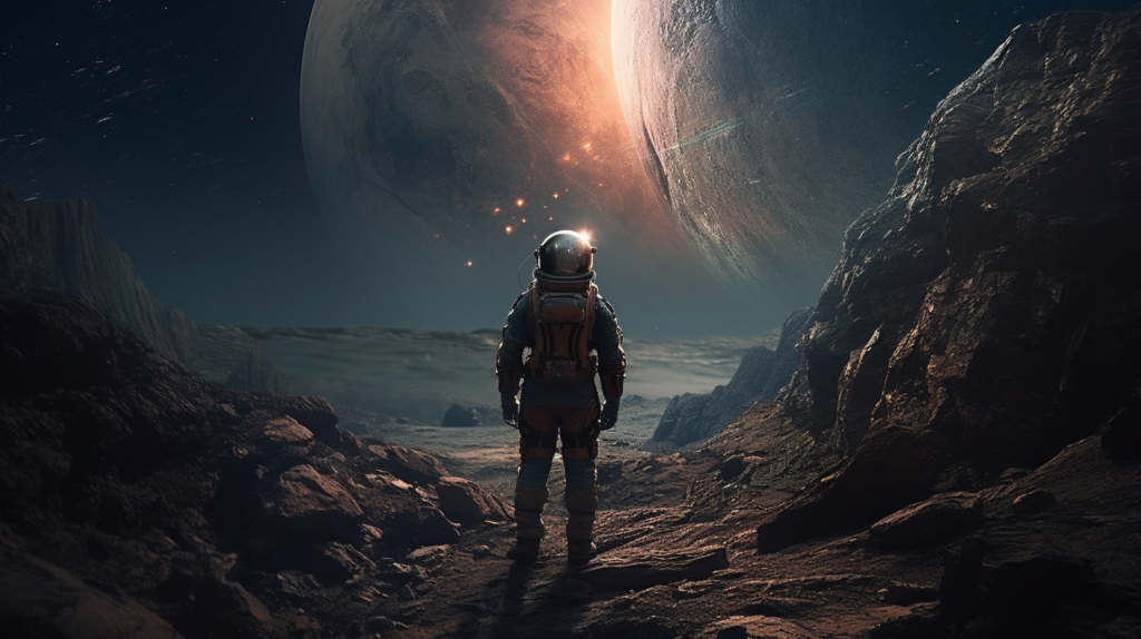 This image presents a stunning and atmospheric science fiction scene. It features an astronaut standing on an uneven, rocky terrain, gazing towards a massive, ringed planet that looms prominently in the sky, partially illuminated by a distant sun. The scene is set against the backdrop of a star-filled cosmos, with the silhouette of rugged cliffs framing the left side. The play of light and shadow creates a compelling contrast, highlighting the astronaut's suit and the intricate details of the landscape. The mood is one of solitude and exploration, capturing a sense of the vastness and mystery of space. The visual narrative suggests a moment of contemplation or discovery in a remote, otherworldly location.