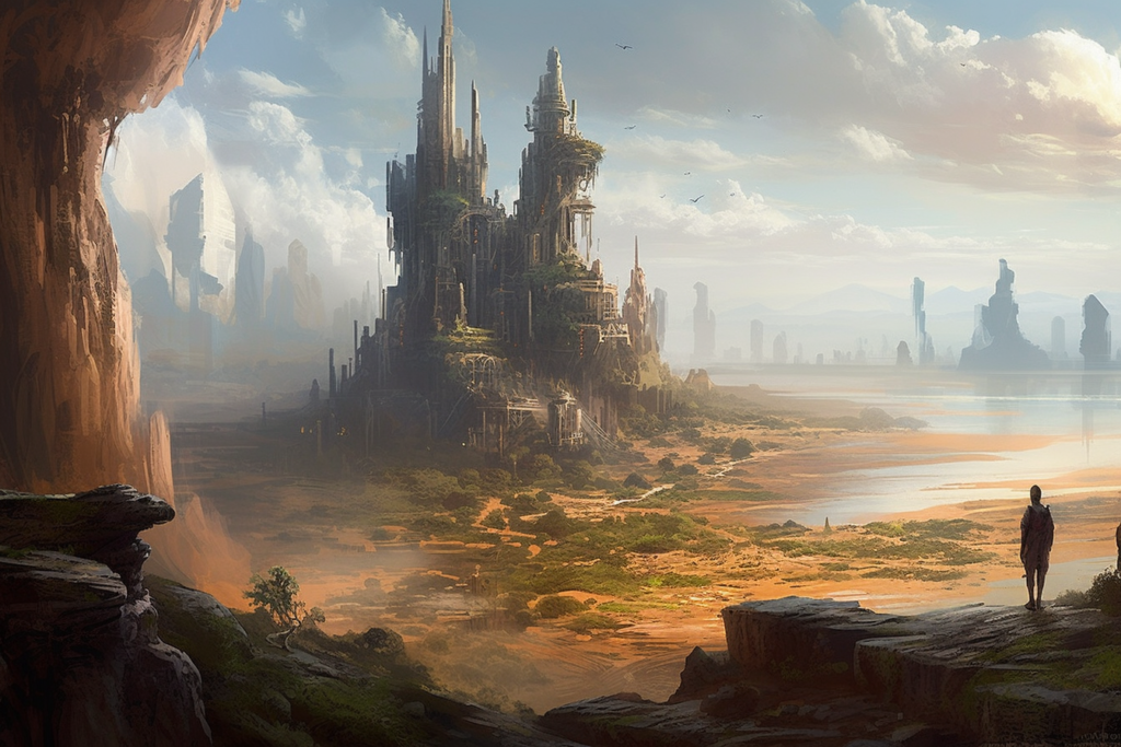 A digital painting depicting a science fiction world from 'The Broken Earth' series. In the foreground, a solitary figure stands on a rocky outcrop gazing at a distant city. The city is an intricate blend of gothic spires and lush overgrowth, suggesting a melding of nature and architecture. Majestic structures rise high above the ground, surrounded by a vast expanse of desert and sparse vegetation. The atmosphere is serene yet haunting, with a soft light bathing the landscape and a flock of birds in flight, adding life to the otherwise still vista.