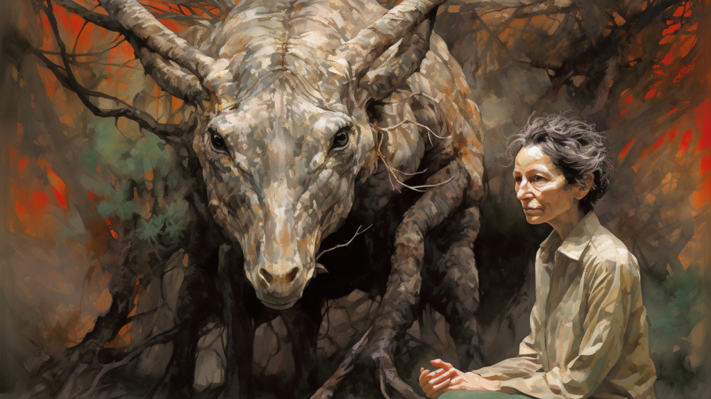 A woman with short hair stands serenely next to a massive, majestic oryx in a forest setting. The oryx, with its long, straight horns and textured skin, towers over her as it emerges from the trees. The artwork is rendered with a vivid contrast of warm and cool tones, highlighting the intricate details of the animal's features and the woman's contemplative expression. The backdrop features abstract shapes and splashes of red and orange amidst the natural browns and greens, suggesting a blend of realism with a touch of the fantastical.