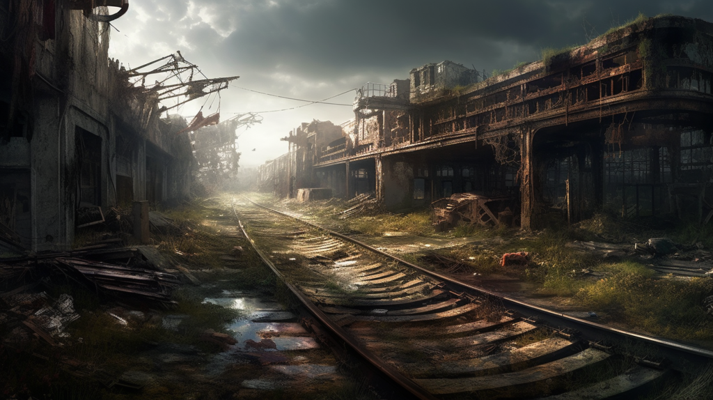 A hauntingly detailed digital painting of a post-apocalyptic landscape featuring dilapidated buildings lining a deserted railway track. The track, bending gently to the right, leads into the distance amidst the ruins. Overgrown vegetation, puddles of water reflecting the sky, and scattered debris hint at nature reclaiming the urban environment. The sky is overcast with breaks of light piercing through, suggesting a somber mood of desolation and abandonment. The overall composition evokes a sense of eerie calm and the passage of time since human civilization's decline.