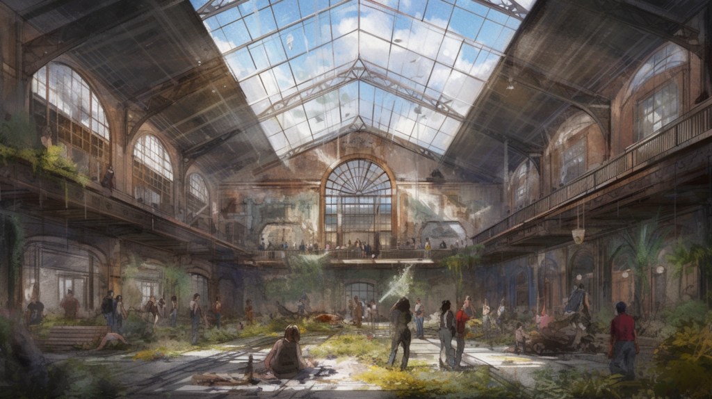 The image depicts a grand, dilapidated train station overgrown with vegetation, suggesting a blend of human engineering and the reclaiming power of nature. Sunlight streams through the glass roof, casting a warm glow and creating a peaceful atmosphere. People are scattered throughout, some walking or sitting, others seemingly lost in thought or conversation, indicating a community living amidst the ruins. The combination of the station's former glory, now in decay, with the serene, everyday activities of its inhabitants, portrays a poignant juxtaposition of the end of one era and the survival of humanity in another.