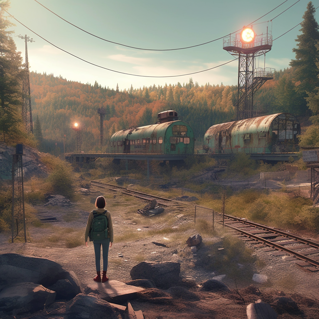 The image portrays a tranquil yet abandoned railway setting, possibly in a post-catastrophic world akin to that described in "Station Eleven" by Emily St. John Mandel. A single figure stands at the forefront, gazing towards the rusted and derelict train carriages that sit idle on the tracks, evoking a sense of lost direction or halted progress. Overgrown vegetation and the fall colors of the trees hint at the passage of time and nature reclaiming the land. The watchtower with a light, perhaps once a beacon for travelers, now serves as a stark reminder of the thin line between civilization's reach and nature's resilience in the face of human absence or downfall. This scene encapsulates the juxtaposition of human desolation and natural beauty, a theme often explored in literature that delves into life after widespread calamity.