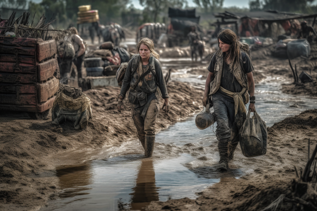 Two individuals trudge through a muddy wasteland, carrying supplies, a testament to human endurance. Their faces and clothing are smeared with dirt, and the weight of their survival is visible in their determined expressions and the heavy steps they take. Behind them, a makeshift camp with more survivors and loaded vehicles hints at the broader community they belong to. The scene captures the gritty reality of post-apocalyptic survival where every day is a quest for resources and safety.