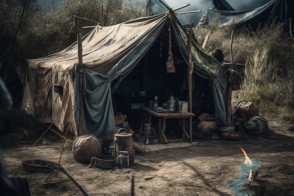 A makeshift shelter constructed from tattered tarps and poles sits in a desolate field, a small campfire burns in the foreground. The camp is equipped with rudimentary survival gear: pots, pans, a lantern, and a water container, all indicating a temporary settlement in a rugged environment. The attention to detail in the objects suggests a narrative of survival, resourcefulness, and adaptation in a post-apocalyptic world.