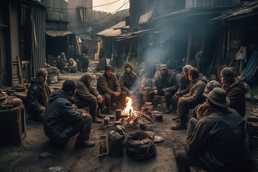 A group of rugged individuals huddle around a small fire in a shanty town atmosphere. Their faces are weary but show a bond formed by shared hardship. The environment is grimy and makeshift shelters can be seen in the background, creating a sense of a tight-knit community in a post-apocalyptic setting. Personal belongings and pots are scattered around them, while the smoke from the fire adds to the gritty ambiance of the scene.