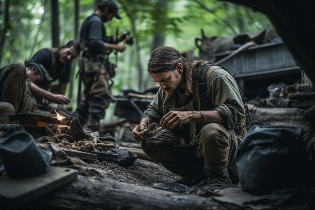 A focused individual, surrounded by his group, is sharpening a tool by a small fire in a forested campsite. His companions are engaged in various survival tasks in the background. The camp is rustic and makeshift, with gear and personal items scattered throughout. The dense forest around them provides a secluded and somewhat safe environment. This image conveys the importance of teamwork and preparedness in a survival scenario.