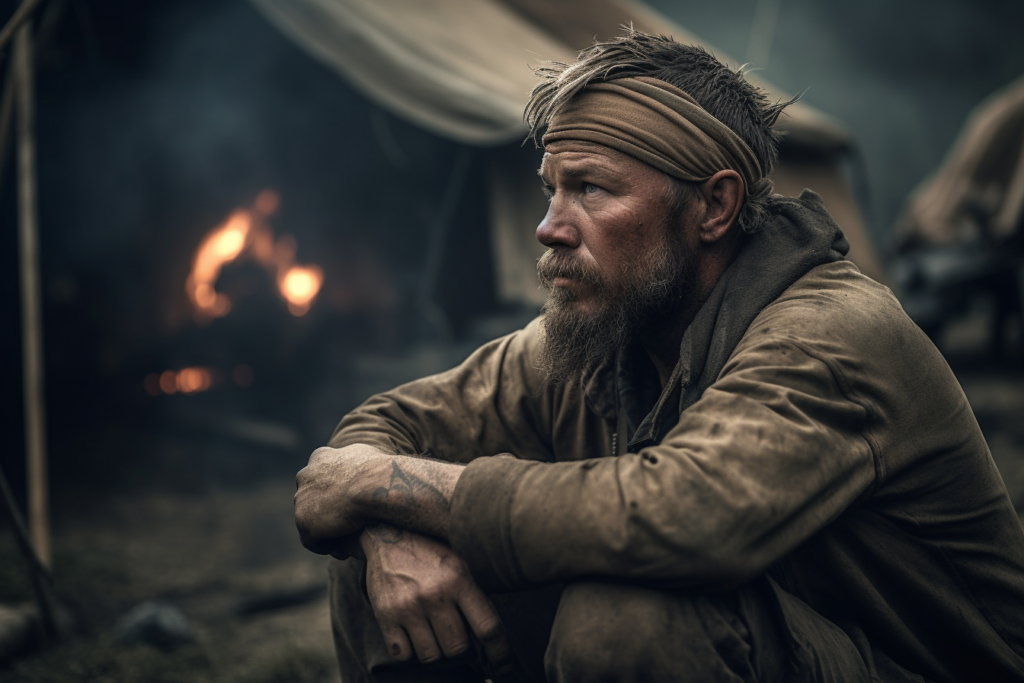 A close-up of a man with a weary but resolute expression, sitting outside a tent with a blurred fire in the background. He has a rugged appearance with a weathered face, a headband, and a beard, indicating life in a harsh environment. His posture, with arms wrapped around his knees, suggests contemplation or concern, possibly reflecting on the challenges of surviving in a post-apocalyptic world.