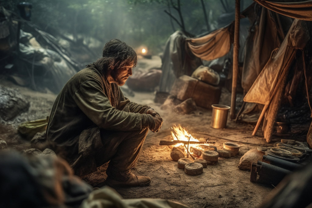 A solitary figure sits deep in thought by a small fire, surrounded by the trappings of a survivalist camp. The man's expression is one of fatigue or contemplation, highlighted by the fire's glow against his rugged features. In the camp, basic necessities such as food rations and cooking utensils are meticulously arranged, reflecting a life of necessity and survival in the wild. The shelter in the background and the dense forest setting suggest a remote, post-apocalyptic environment.