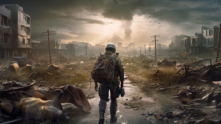 The image illustrates a survivor in a post-apocalyptic setting, wielding a makeshift weapon and displaying a keen sense of focus and determination. The harsh, desolate landscape behind them, characterized by crumbling buildings and overgrown vegetation, serves as a backdrop to the survivor's resilience and adaptability.