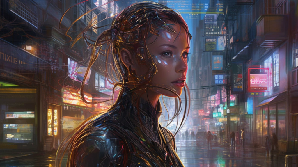 A close-up illustration of a woman with cybernetic enhancements in a futuristic cityscape. Wires and circuits are integrated into her hair and skin, glowing with hints of blue and gold. Her gaze is directed off to the side, contemplative and serene amidst the chaos. The backdrop is a neon-lit street bustling with activity and pedestrians, reflecting a cyber-dystopian world. The setting is rich with the ambiance of a rainy evening, with reflections of city lights on wet surfaces and a multitude of vibrant signs in various scripts.